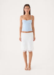 Argelia Lace Trim Satin Midi Skirt - White