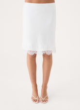 Argelia Lace Trim Satin Midi Skirt - White