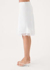 Argelia Lace Trim Satin Midi Skirt - White