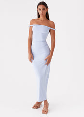 Womens Arabella Twist Shoulder Maxi Dress in the colour Blue in front of a light grey background