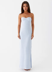 Womens Esra Linen Strapless Maxi Dress in the colour Blue in front of a light grey background