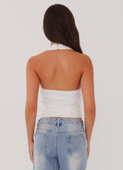 Womens Cloud Whisper Linen Top in the colour White in front of a light grey background