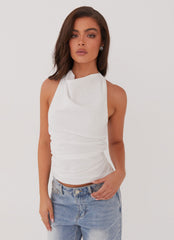 Womens Cloud Whisper Linen Top in the colour White in front of a light grey background