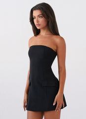 Womens Allora Strapless Mini Dress in the colour Black in front of a light grey background