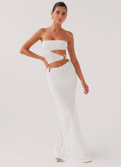 Womens Into Pieces Mesh Maxi Dress in the colour White in front of a light grey background